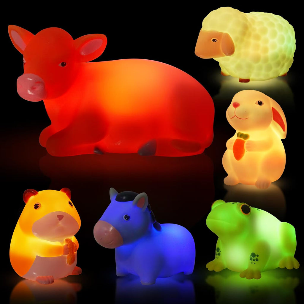 VIBOYLAR 6-Piece Light-Up Farm Animal Bath Toys for Toddlers 1-3 - Color-Changing Rubber Bath Toys with Sealed Bottoms