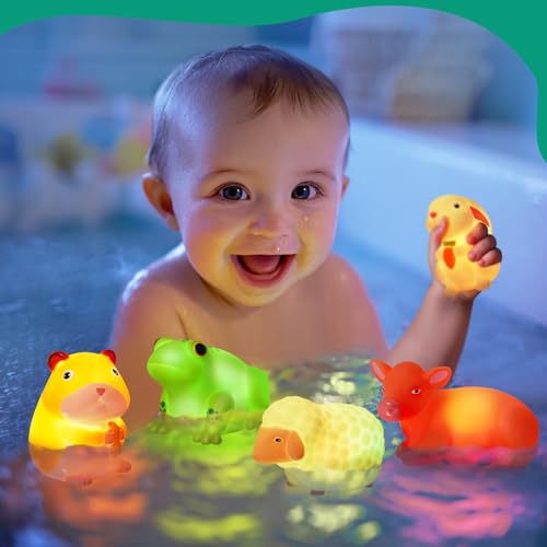 VIBOYLAR 6-Piece Light-Up Farm Animal Bath Toys for Toddlers 1-3 - Color-Changing Rubber Bath Toys with Sealed Bottoms