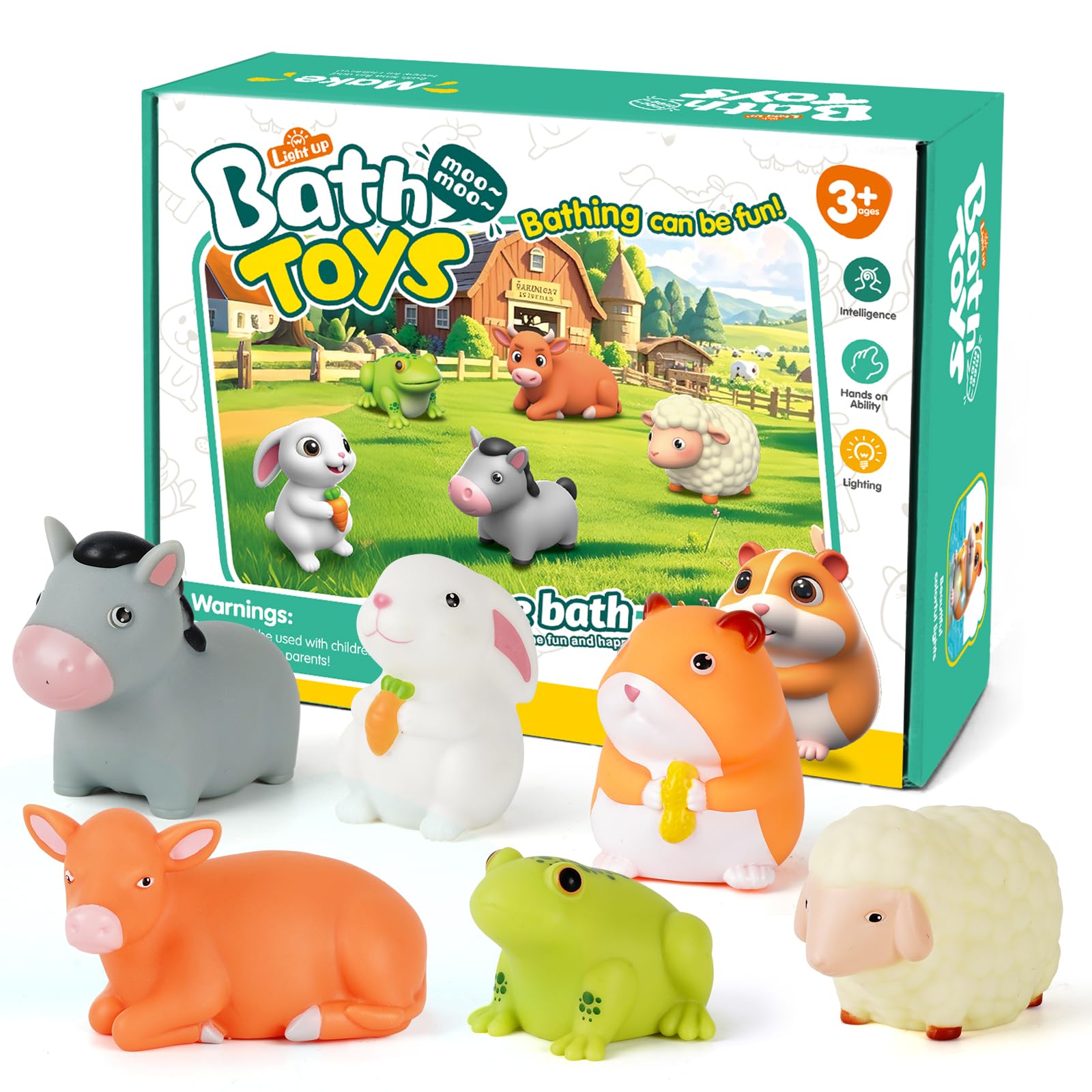 VIBOYLAR 6-Piece Light-Up Farm Animal Bath Toys for Toddlers 1-3 - Color-Changing Rubber Bath Toys with Sealed Bottoms