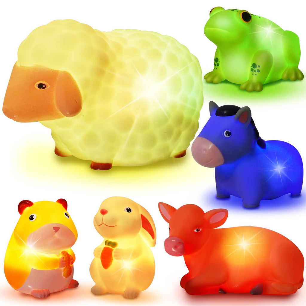 VIBOYLAR 6-Piece Light-Up Farm Animal Bath Toys for Toddlers 1-3 - Color-Changing Rubber Bath Toys with Sealed Bottoms