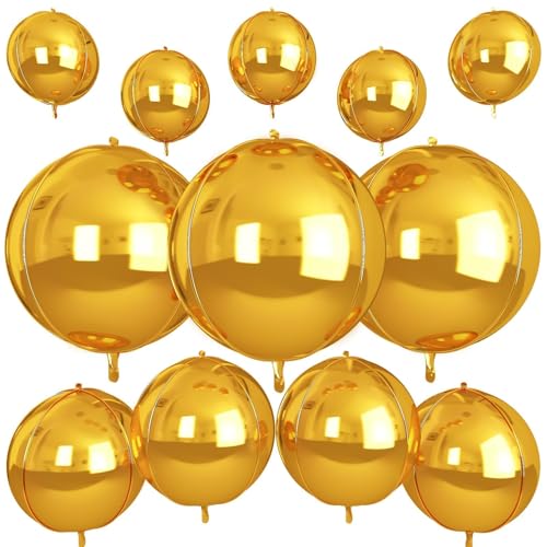 Vibzox 12 Pack Gold Foil Balloons - 22, 15, & 10 Inch 4D Metallic Round Party Balloons