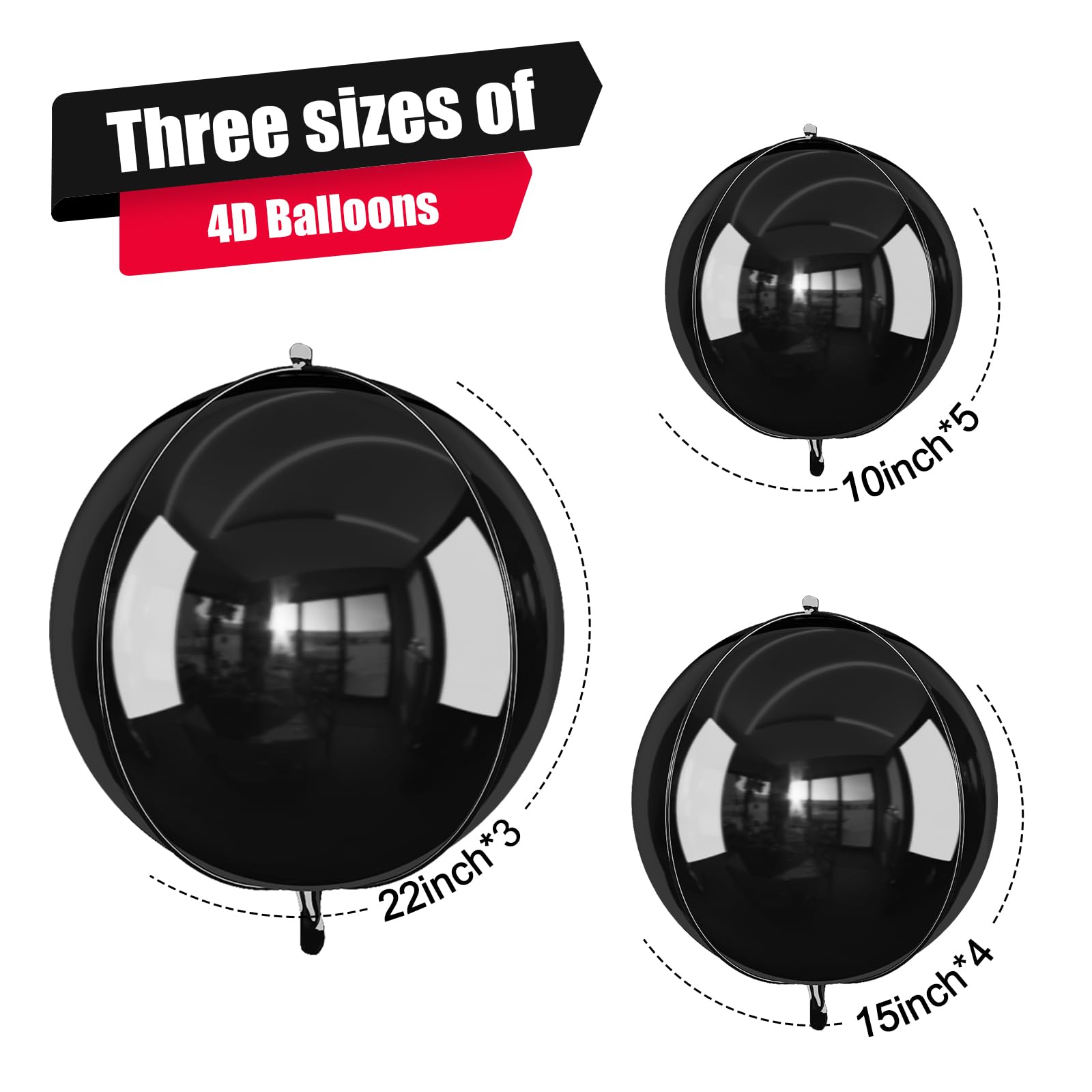 Vibzox 12-Pack Metallic Black 4D Foil Balloons (22", 15", 10") - Birthday, Graduation, Party Decorations