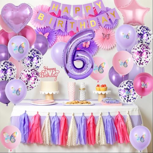Vibzox 6th Pink Purple Birthday Decorations – 64-Piece Party Set with Balloons, Banner, Cake Topper & 3D Butterflies