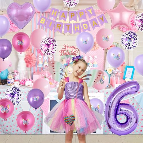 Vibzox 6th Pink Purple Birthday Decorations – 64-Piece Party Set with Balloons, Banner, Cake Topper & 3D Butterflies