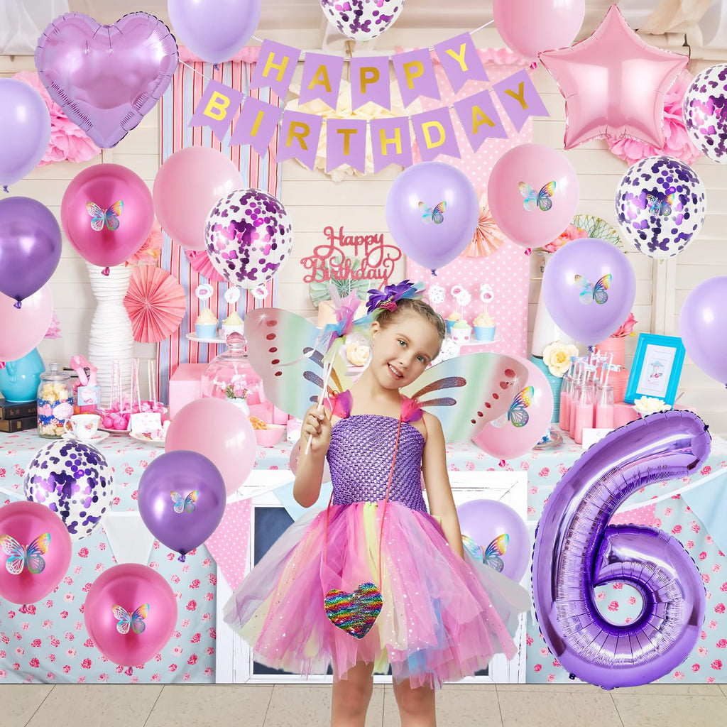 Vibzox 6th Pink Purple Birthday Decorations – 64-Piece Party Set with Balloons, Banner, Cake Topper & 3D Butterflies