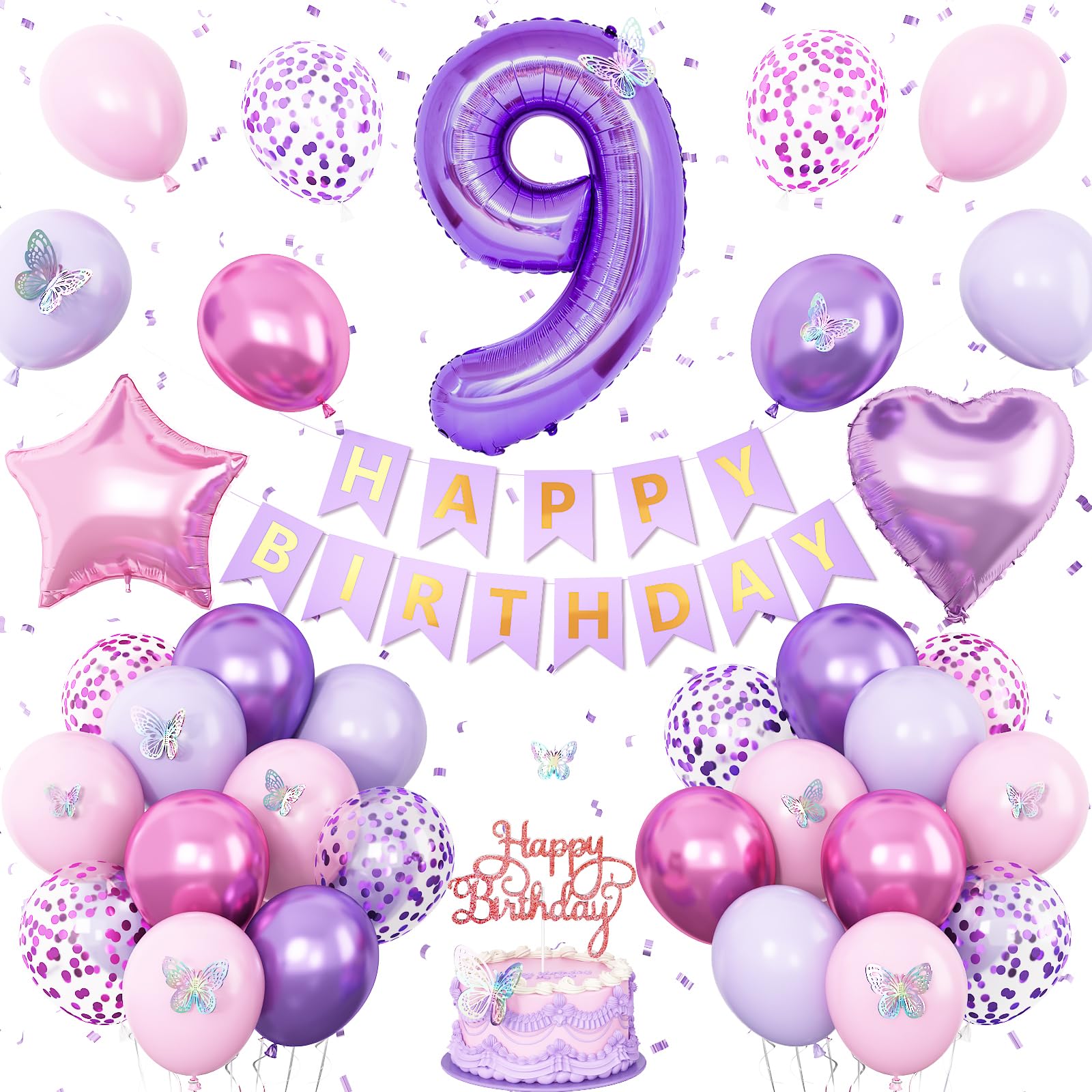 Vibzox 9th Birthday Decorations for Girl – Pink Purple Butterfly Party Set with 32 Balloons, Banner, Cake Topper