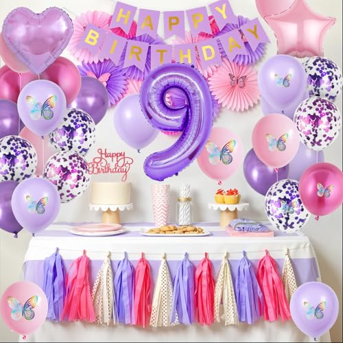 Vibzox 9th Birthday Decorations for Girl – Pink Purple Butterfly Party Set with 32 Balloons, Banner, Cake Topper