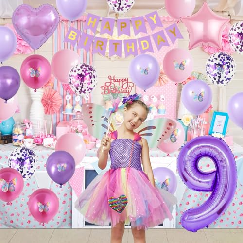Vibzox 9th Birthday Decorations for Girl – Pink Purple Butterfly Party Set with 32 Balloons, Banner, Cake Topper