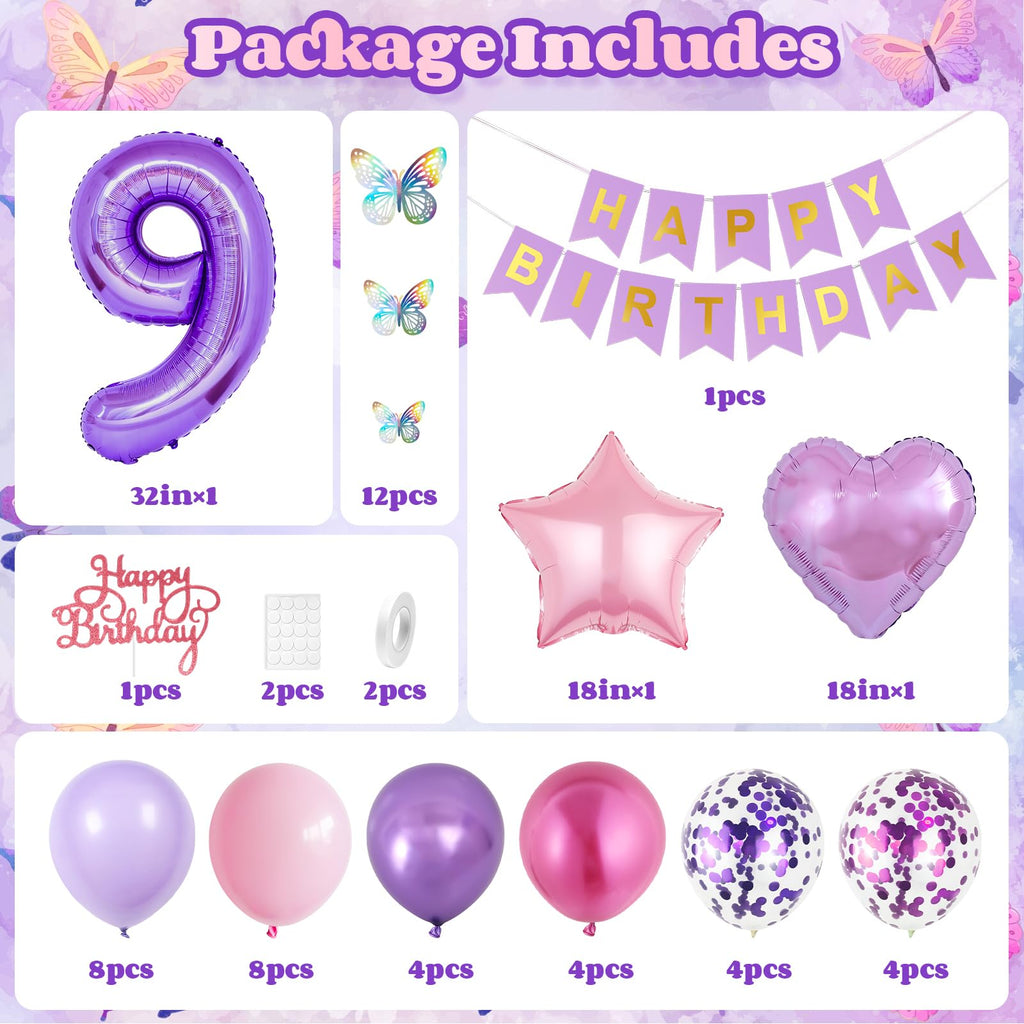 Vibzox 9th Birthday Decorations for Girl – Pink Purple Butterfly Party Set with 32 Balloons, Banner, Cake Topper
