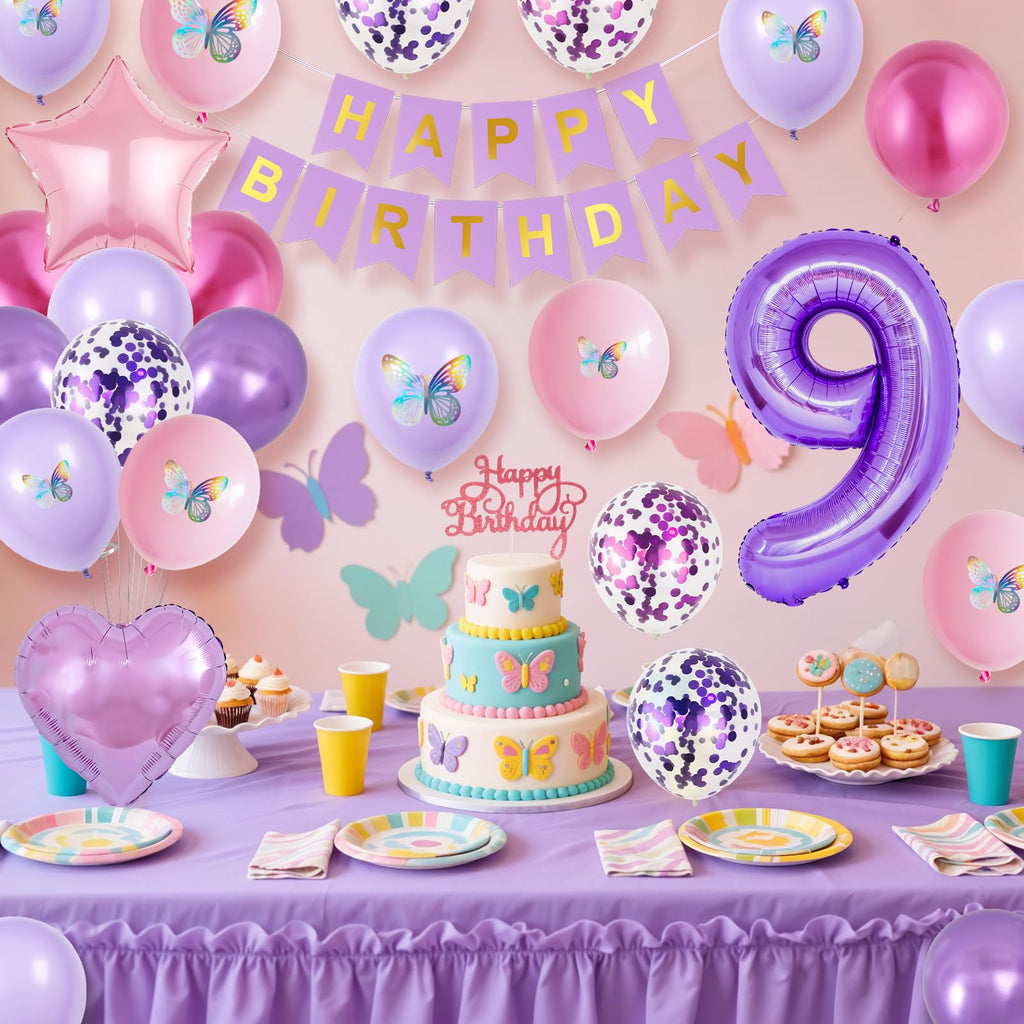 Vibzox 9th Birthday Decorations for Girl – Pink Purple Butterfly Party Set with 32 Balloons, Banner, Cake Topper