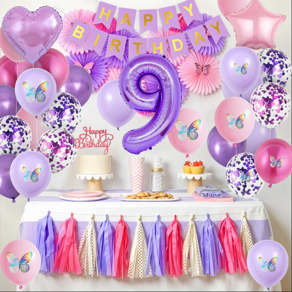 Vibzox 9th Birthday Decorations for Girl – Pink Purple Butterfly Party Set with 32 Balloons, Banner, Cake Topper