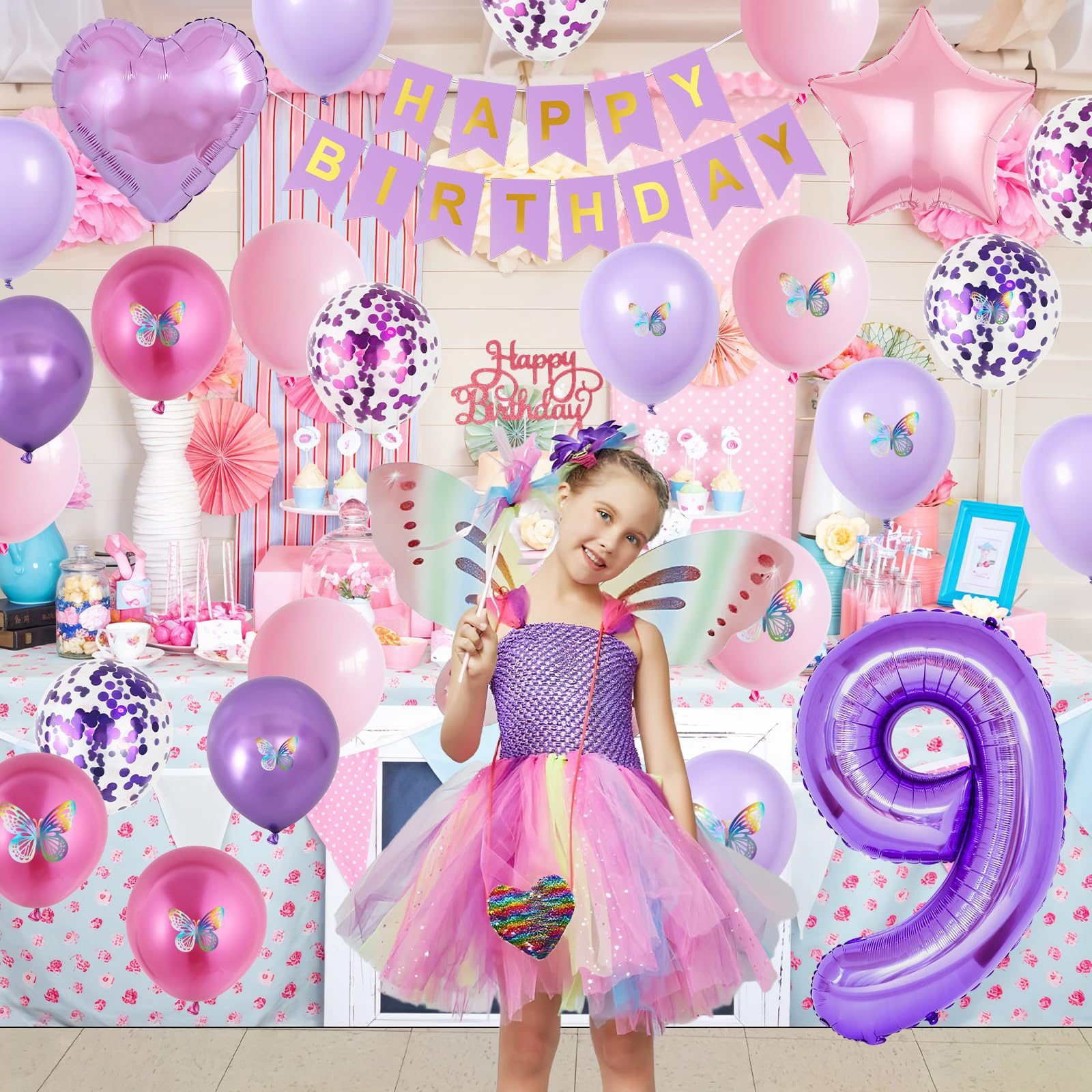 Vibzox 9th Birthday Decorations for Girl – Pink Purple Butterfly Party Set with 32 Balloons, Banner, Cake Topper