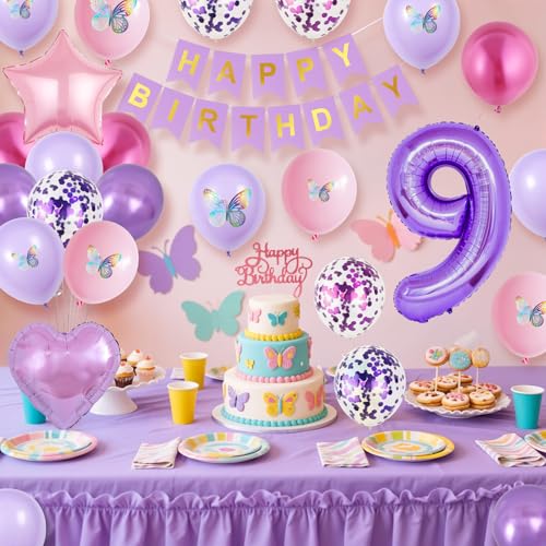 Vibzox 9th Birthday Decorations for Girl – Pink Purple Butterfly Party Set with 32 Balloons, Banner, Cake Topper