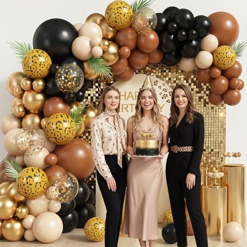 Vibzox Black Gold Cheetah Print Balloon Arch Kit with 4D Foil Leopard Balloons for Safari Jungle Party Decor