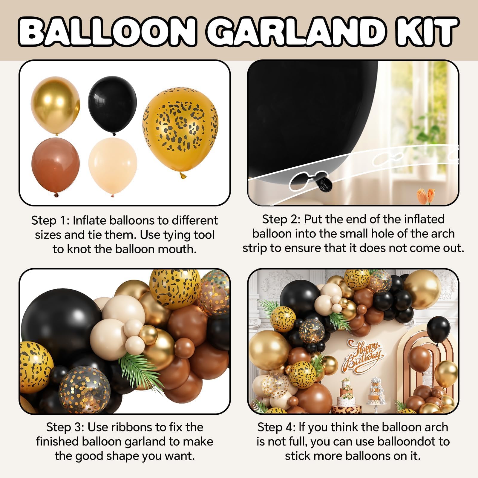 Vibzox Black Gold Cheetah Print Balloon Arch Kit with 4D Foil Leopard Balloons for Safari Jungle Party Decor