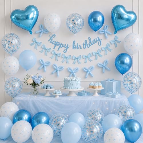 Vibzox Blue Bow Birthday Decorations Kit – Coquette Party Set with Banner, Balloons & Heart Foil
