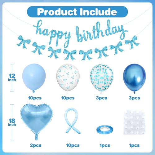Vibzox Blue Bow Birthday Decorations Kit – Coquette Party Set with Banner, Balloons & Heart Foil