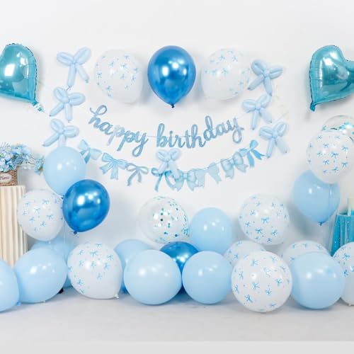 Vibzox Blue Bow Birthday Decorations Kit – Coquette Party Set with Banner, Balloons & Heart Foil