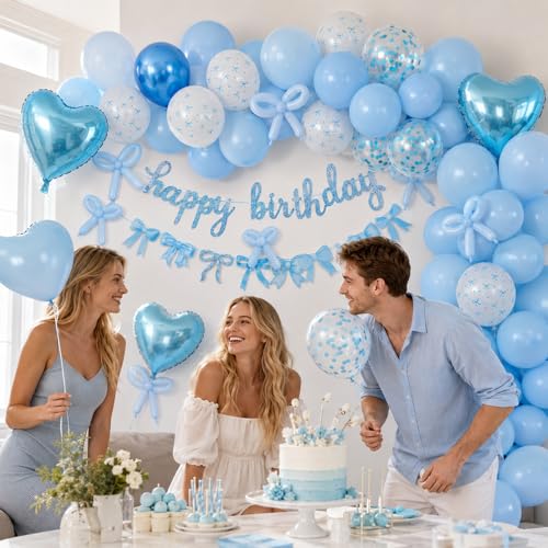 Vibzox Blue Bow Birthday Decorations Kit – Coquette Party Set with Banner, Balloons & Heart Foil