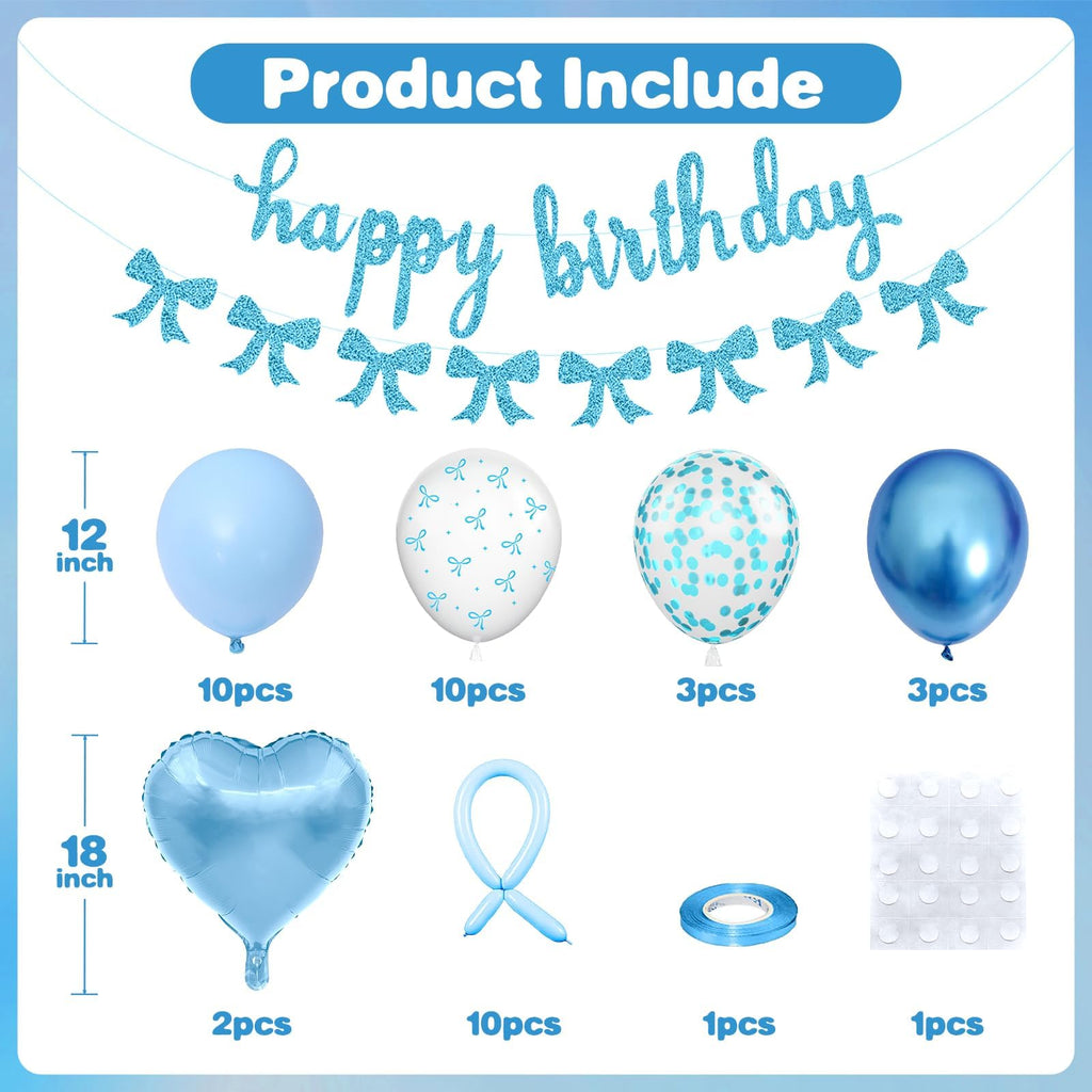 Vibzox Blue Bow Birthday Decorations Kit – Coquette Party Set with Banner, Balloons & Heart Foil