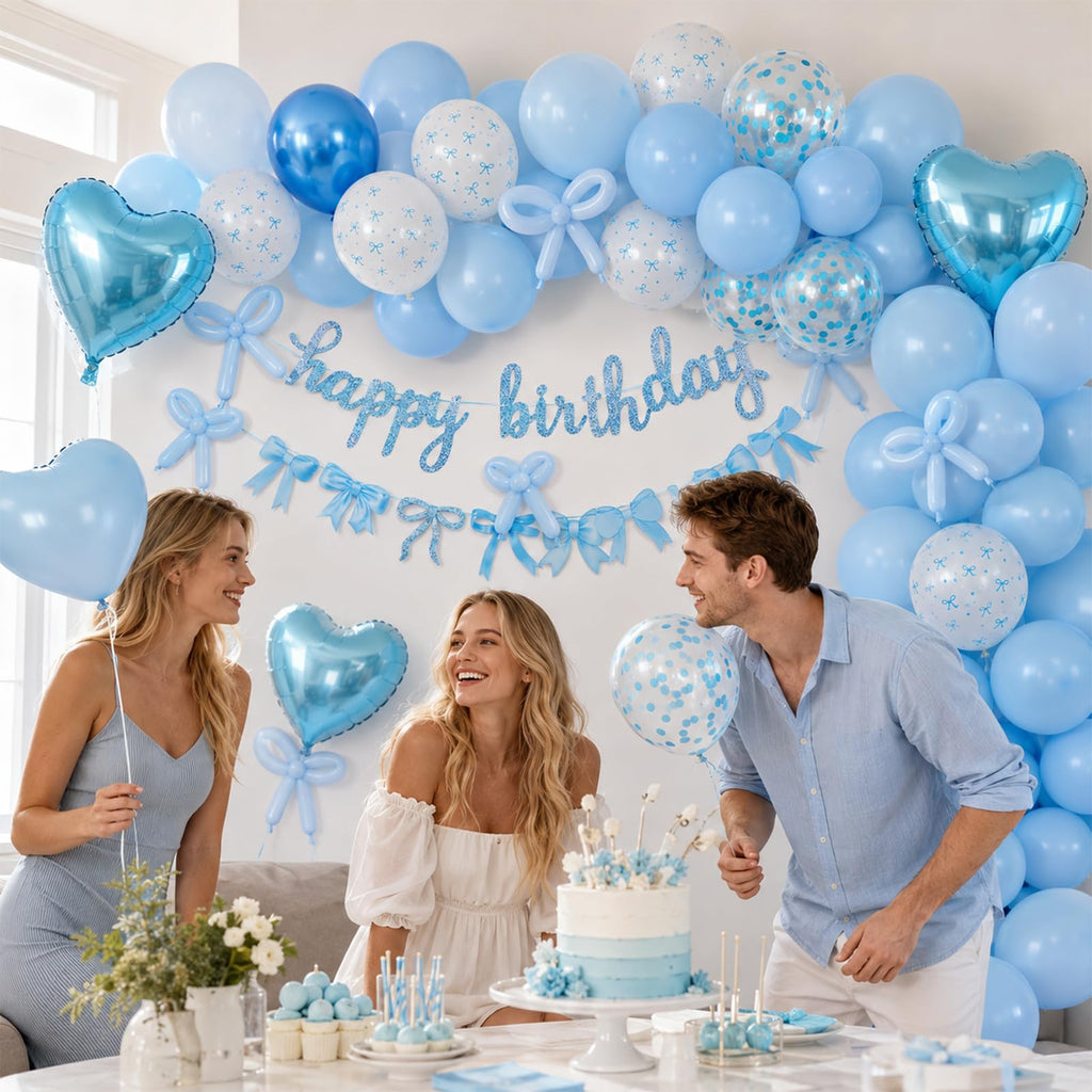 Vibzox Blue Bow Birthday Decorations Kit – Coquette Party Set with Banner, Balloons & Heart Foil
