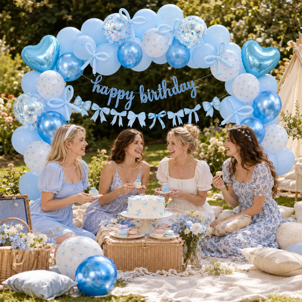 Vibzox Blue Bow Birthday Decorations Kit – Coquette Party Set with Banner, Balloons & Heart Foil