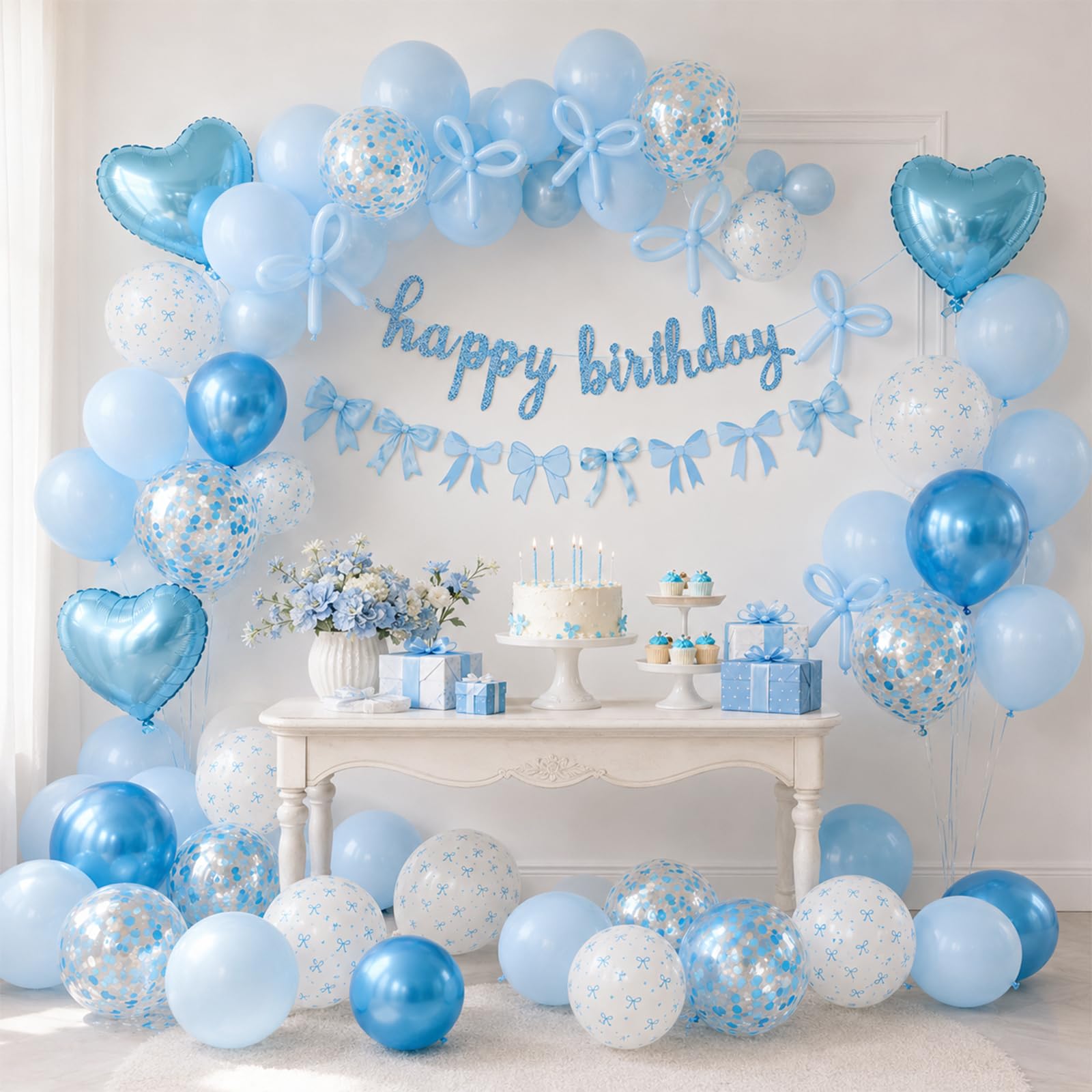Vibzox Blue Bow Birthday Decorations Kit – Coquette Party Set with Banner, Balloons & Heart Foil