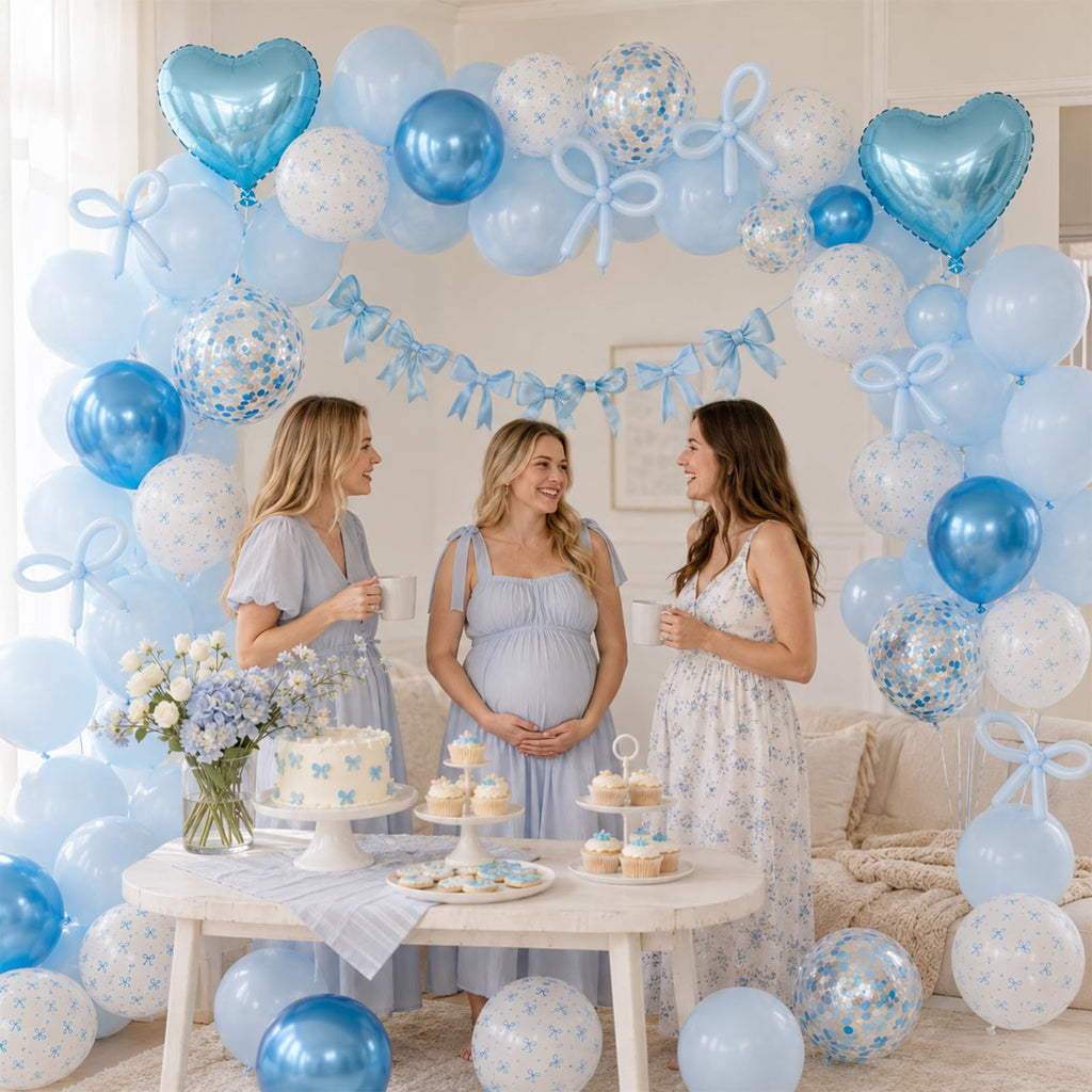 Vibzox Blue Bow Birthday Decorations Kit – Coquette Party Set with Banner, Balloons & Heart Foil