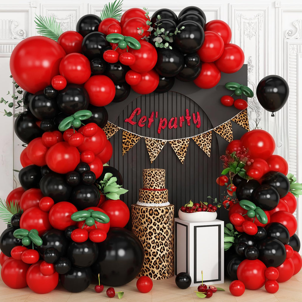 Vibzox Cherry Balloon Garland Arch Kit – 112 Red, Black & Green Balloons with Cheetah Print Foil for Baby Shower, Birthday, Wedding, Bachelorette Decor