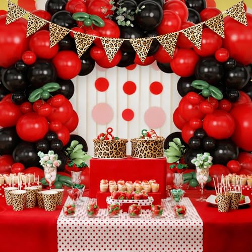 Vibzox Cherry Balloon Garland Arch Kit – 112 Red, Black & Green Balloons with Cheetah Print Foil for Baby Shower, Birthday, Wedding, Bachelorette Decor