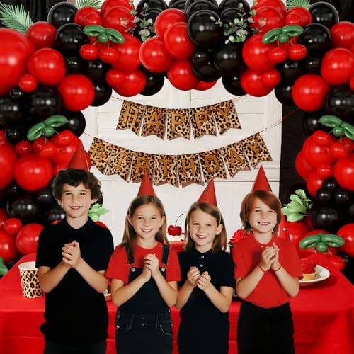 Vibzox Cherry Balloon Garland Arch Kit – 112 Red, Black & Green Balloons with Cheetah Print Foil for Baby Shower, Birthday, Wedding, Bachelorette Decor