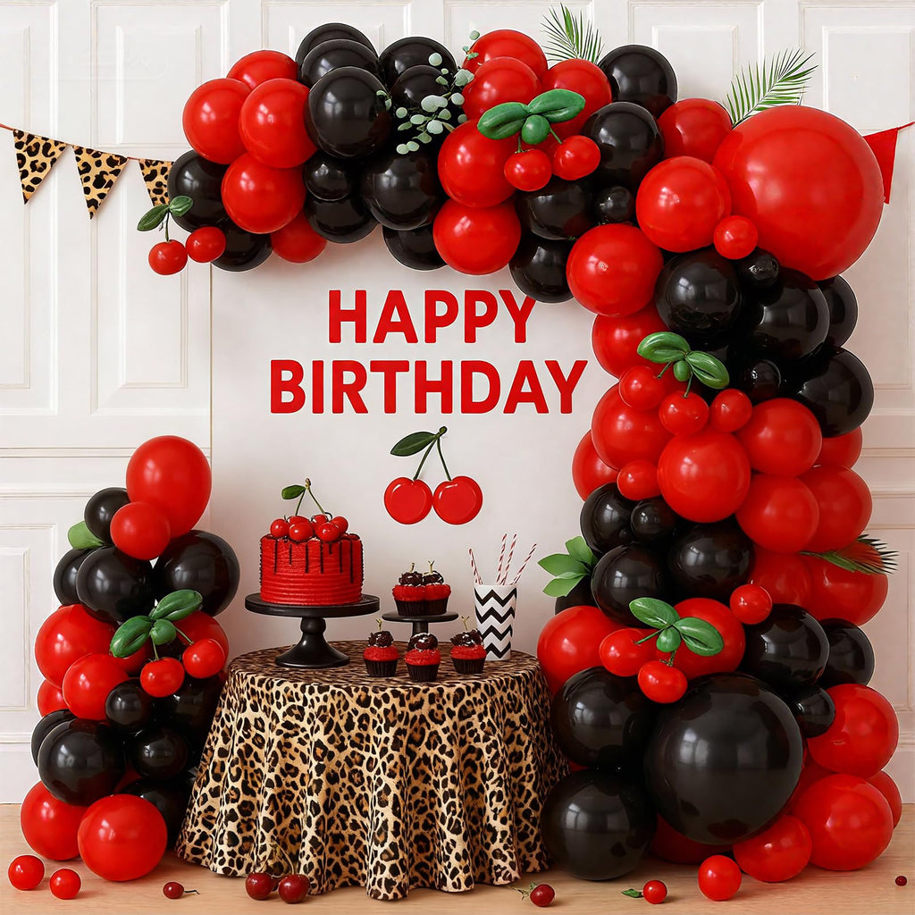 Vibzox Cherry Balloon Garland Arch Kit – 112 Red, Black & Green Balloons with Cheetah Print Foil for Baby Shower, Birthday, Wedding, Bachelorette Decor