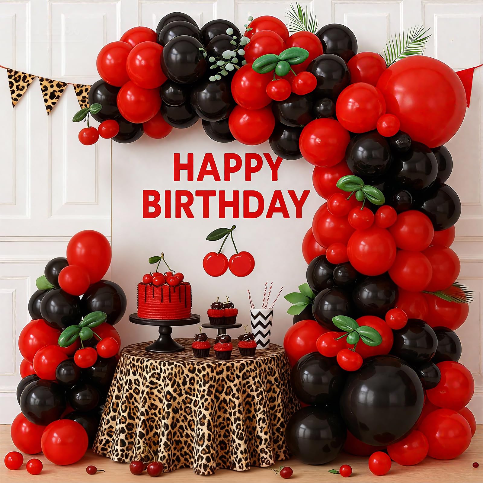 Vibzox Cherry Balloon Garland Arch Kit – 112 Red, Black & Green Balloons with Cheetah Print Foil for Baby Shower, Birthday, Wedding, Bachelorette Decor