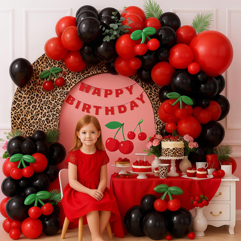 Vibzox Cherry Balloon Garland Arch Kit – 112 Red, Black & Green Balloons with Cheetah Print Foil for Baby Shower, Birthday, Wedding, Bachelorette Decor