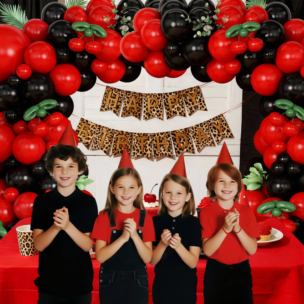 Vibzox Cherry Balloon Garland Arch Kit – 112 Red, Black & Green Balloons with Cheetah Print Foil for Baby Shower, Birthday, Wedding, Bachelorette Decor