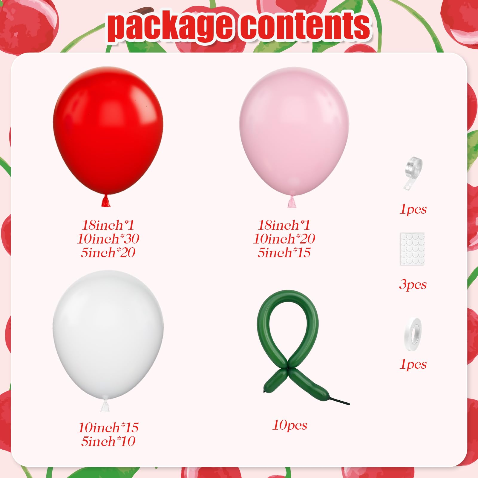 Vibzox Cherry Balloon Garland Arch Kit – 112 Red, Pink, White & Green Balloons for Birthdays, Baby Showers & Weddings