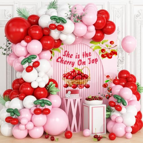 Vibzox Cherry Balloon Garland Arch Kit – 112 Red, Pink, White & Green Balloons for Birthdays, Baby Showers & Weddings