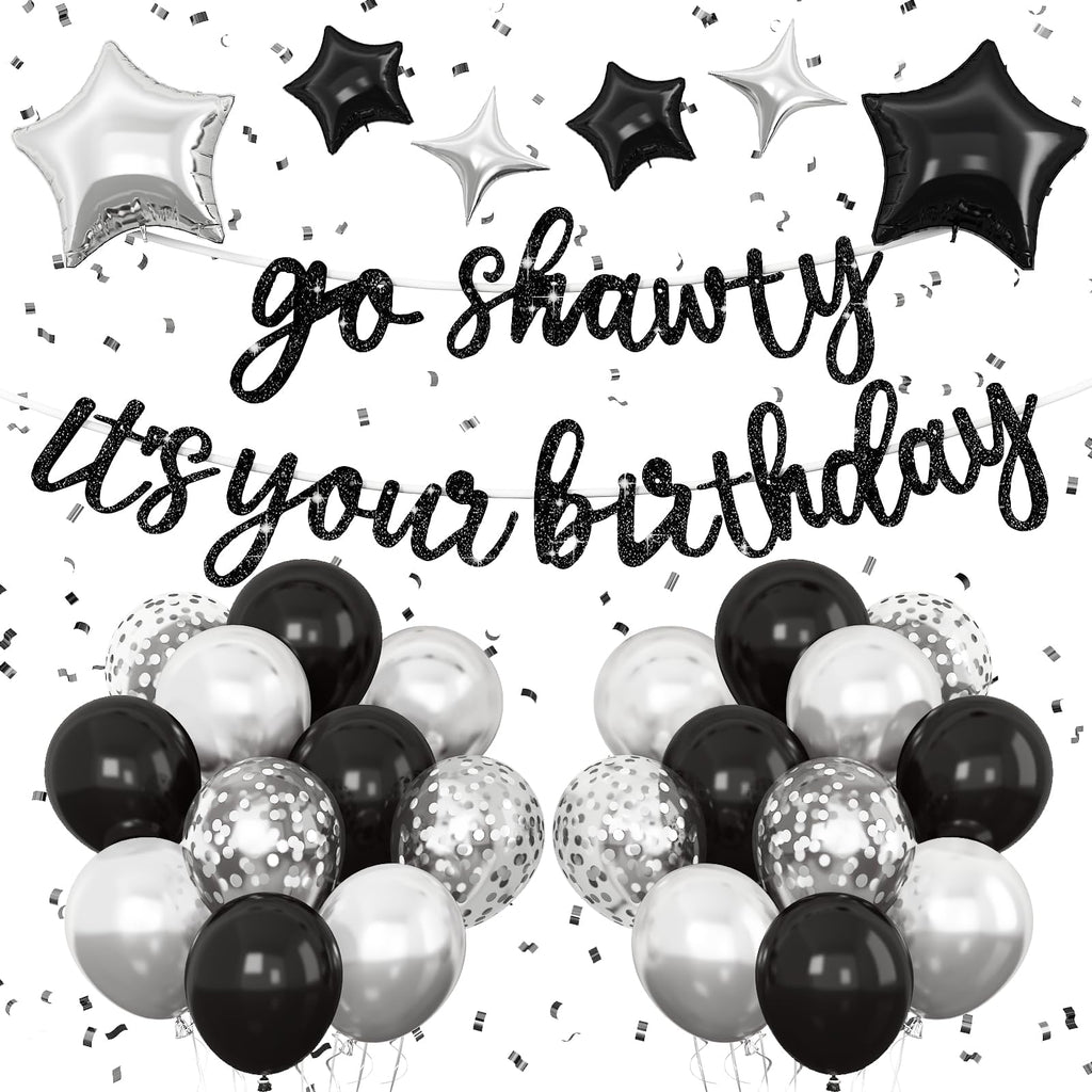 Vibzox Go Shawty It's Your Birthday Banner & Balloon Set – Black & Silver Hip Hop Party Decor