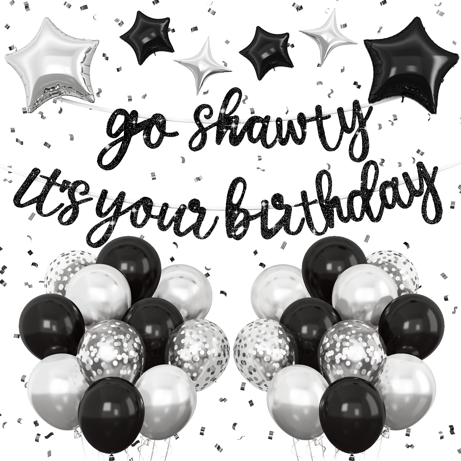 Vibzox Go Shawty It's Your Birthday Banner & Balloon Set – Black & Silver Hip Hop Party Decor