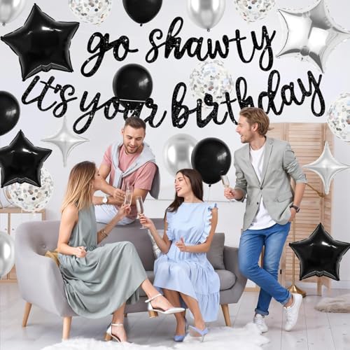 Vibzox Go Shawty It's Your Birthday Banner & Balloon Set – Black & Silver Hip Hop Party Decor