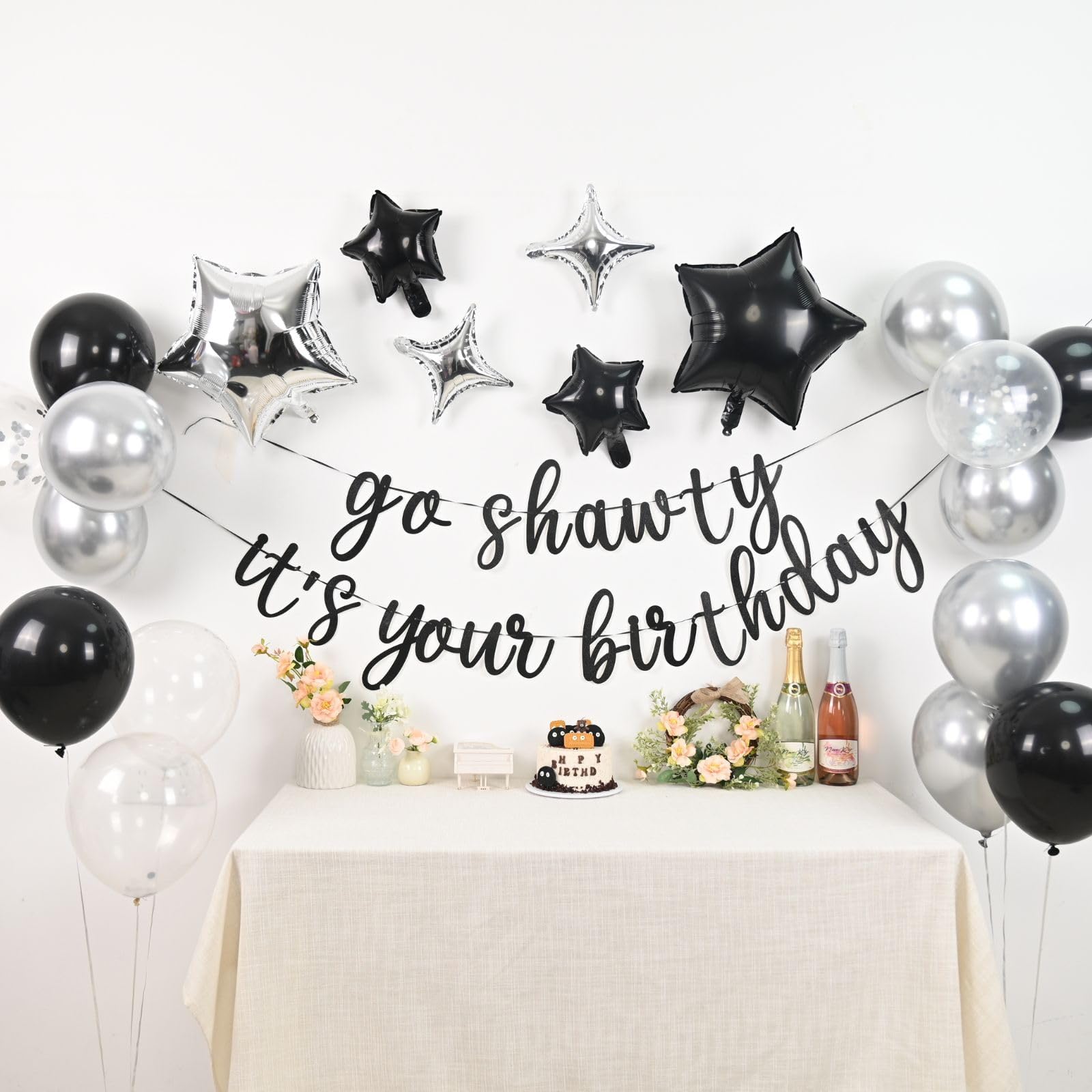Vibzox Go Shawty It's Your Birthday Banner & Balloon Set – Black & Silver Hip Hop Party Decor