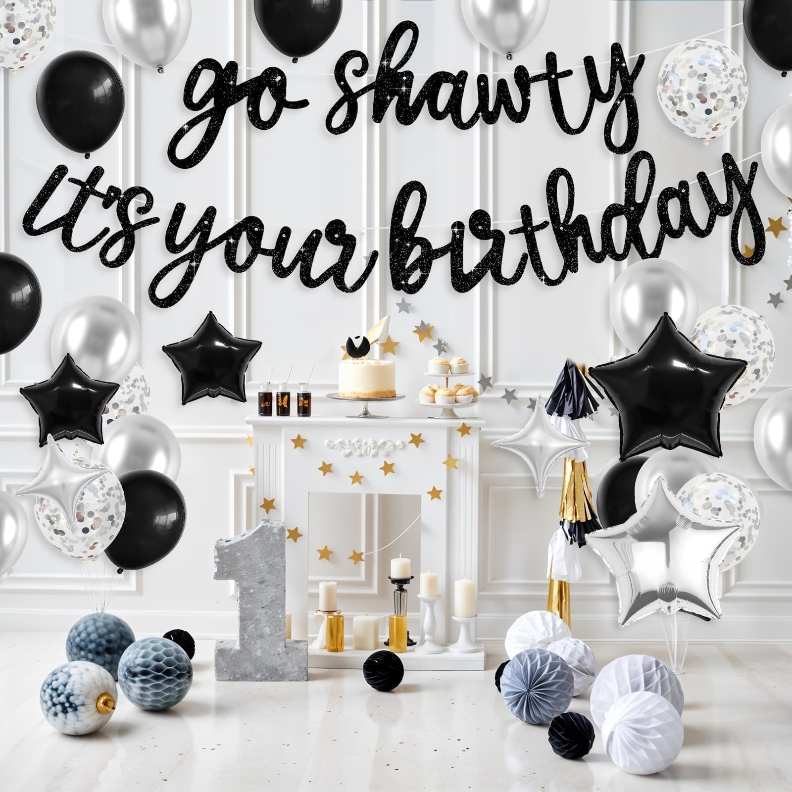 Vibzox Go Shawty It's Your Birthday Banner & Balloon Set – Black & Silver Hip Hop Party Decor
