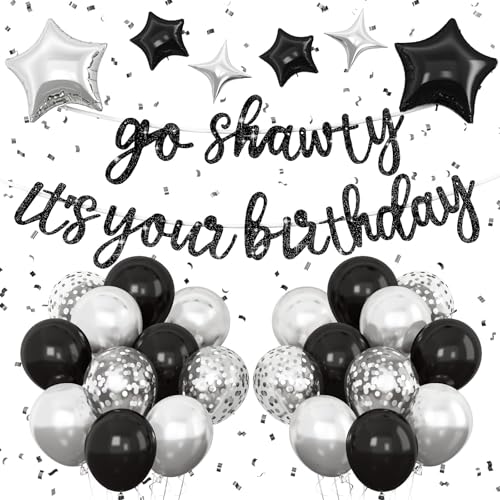 Vibzox Go Shawty It's Your Birthday Banner & Balloon Set – Black & Silver Hip Hop Party Decor
