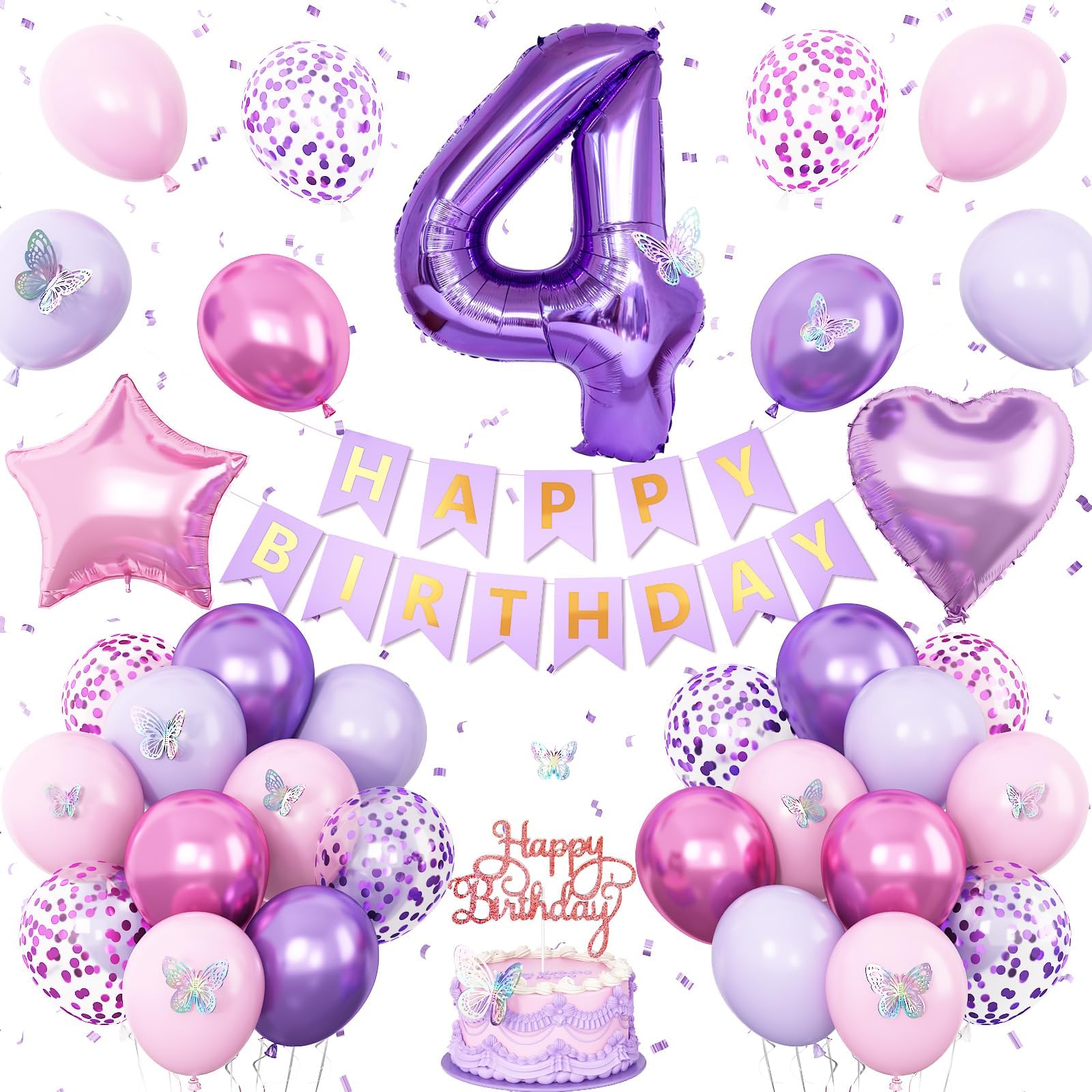 Vibzox Pink Purple 4th Birthday Decorations Set with Balloons, Banner, Cake Topper, and Butterfly Decor