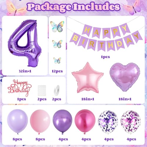 Vibzox Pink Purple 4th Birthday Decorations Set with Balloons, Banner, Cake Topper, and Butterfly Decor