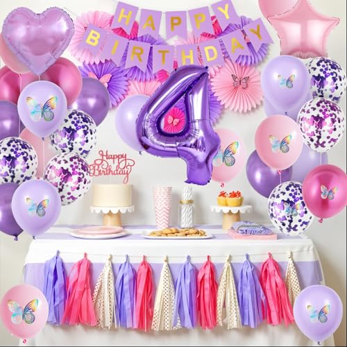 Vibzox Pink Purple 4th Birthday Decorations Set with Balloons, Banner, Cake Topper, and Butterfly Decor