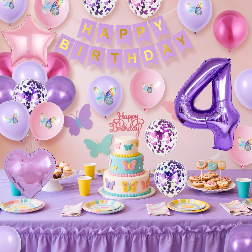 Vibzox Pink Purple 4th Birthday Decorations Set with Balloons, Banner, Cake Topper, and Butterfly Decor