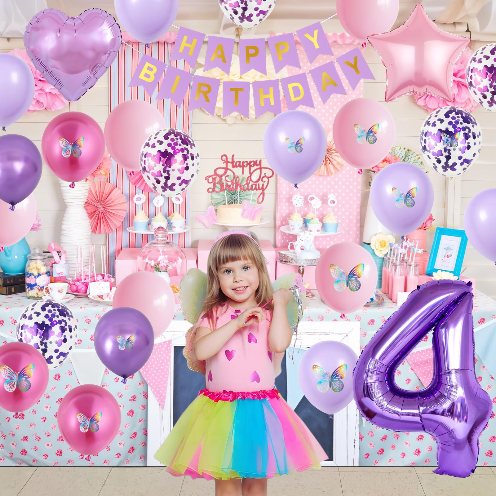 Vibzox Pink Purple 4th Birthday Decorations Set with Balloons, Banner, Cake Topper, and Butterfly Decor