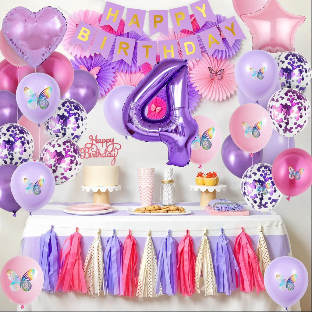 Vibzox Pink Purple 4th Birthday Decorations Set with Balloons, Banner, Cake Topper, and Butterfly Decor