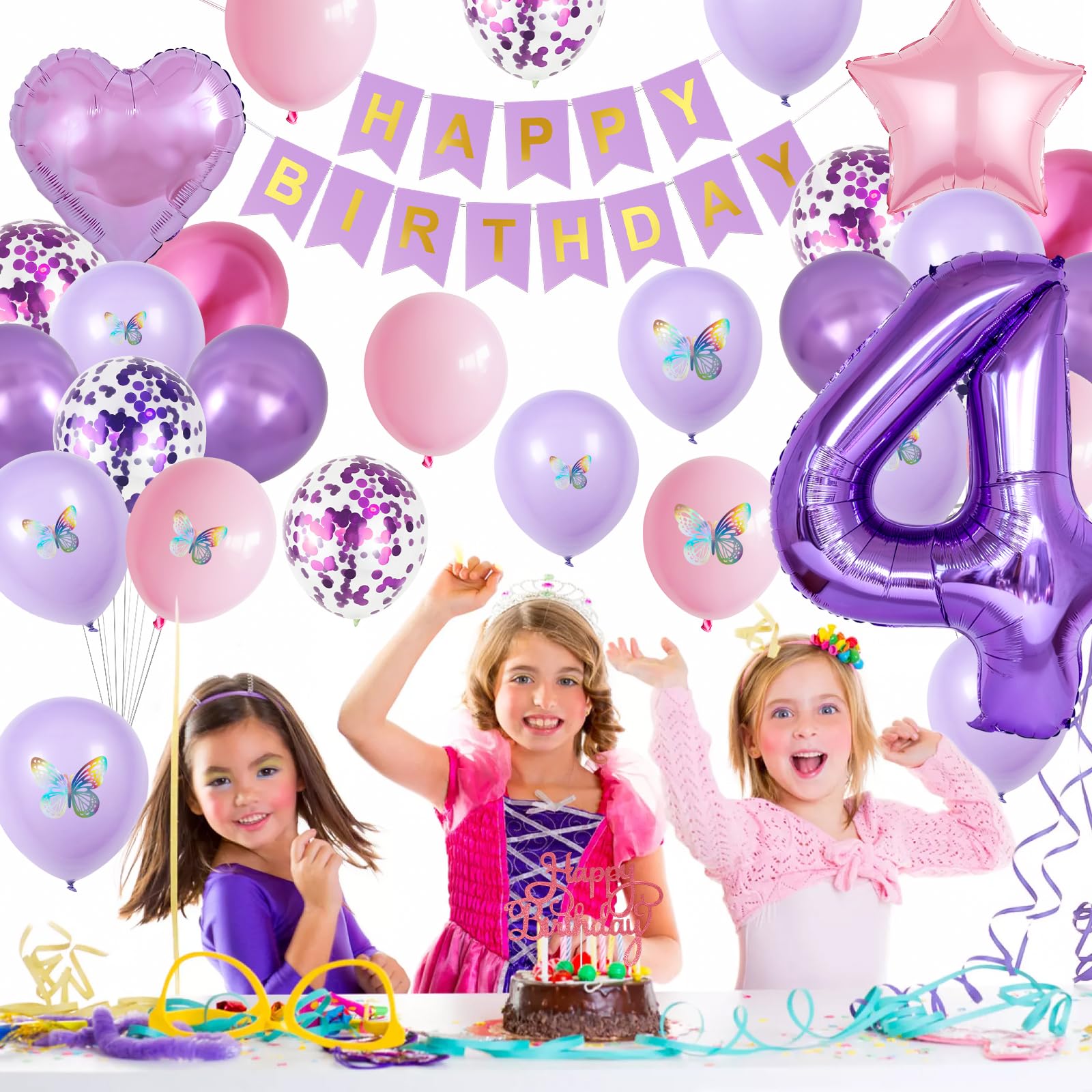 Vibzox Pink Purple 4th Birthday Decorations Set with Balloons, Banner, Cake Topper, and Butterfly Decor